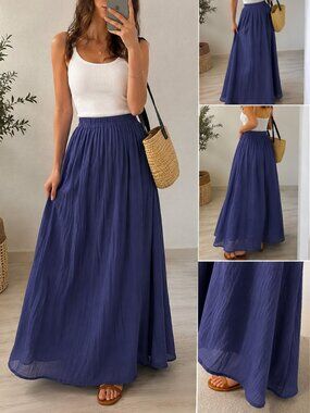 Blue Flowy Maxi Skirt Women Boho Cottagecore Elastic Waist New